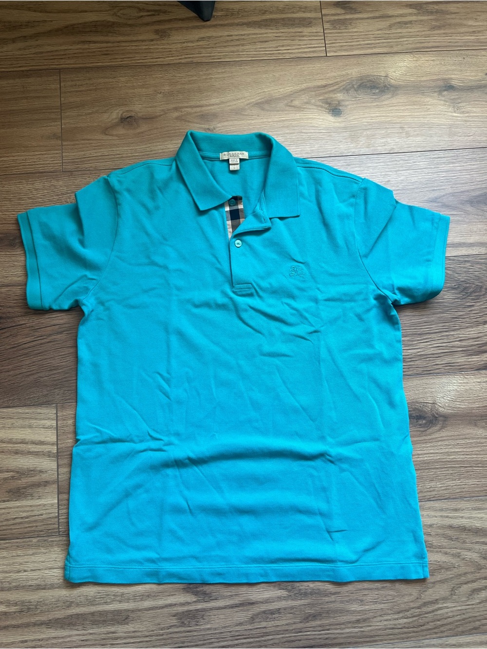 Burberry Brit Men’s Turquoise Check Placket Cotton Piqué Polo Shirt LG